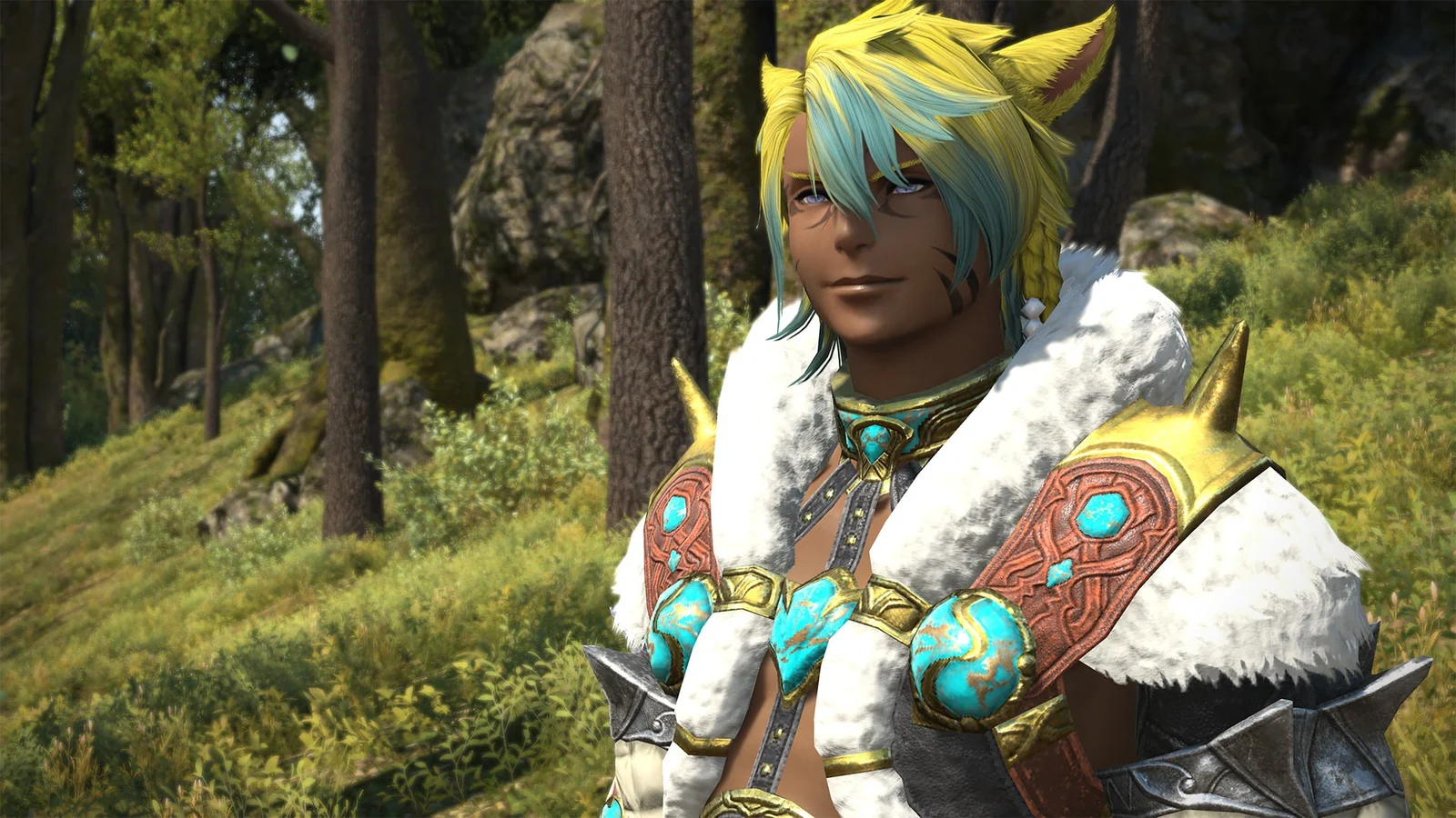 Official Final Fantasy XIV development screenshot of a Beastmaster character in beast-tamer armor standing in a forest, from the Patch 7.56 reveal (mirrored)
