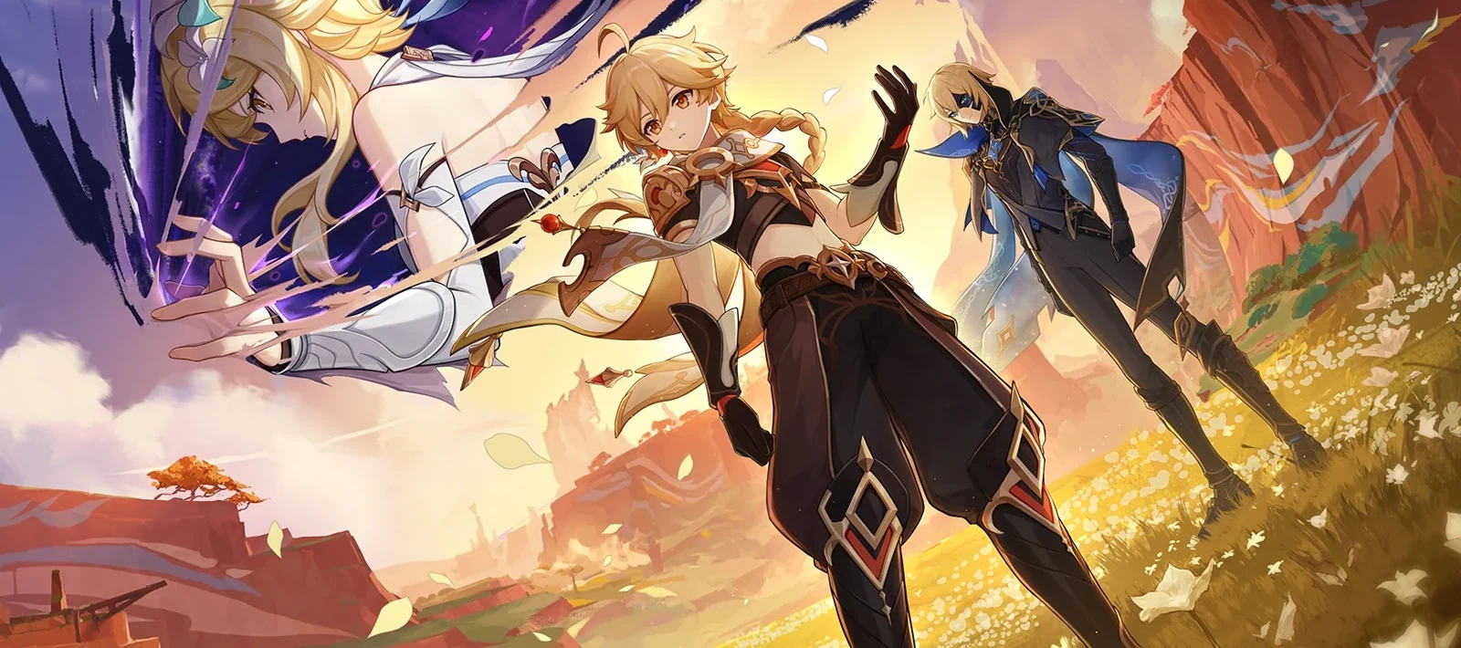 Official Genshin Impact combat key art showing characters in dynamic action against a golden sunset sky (mirrored, cropped)