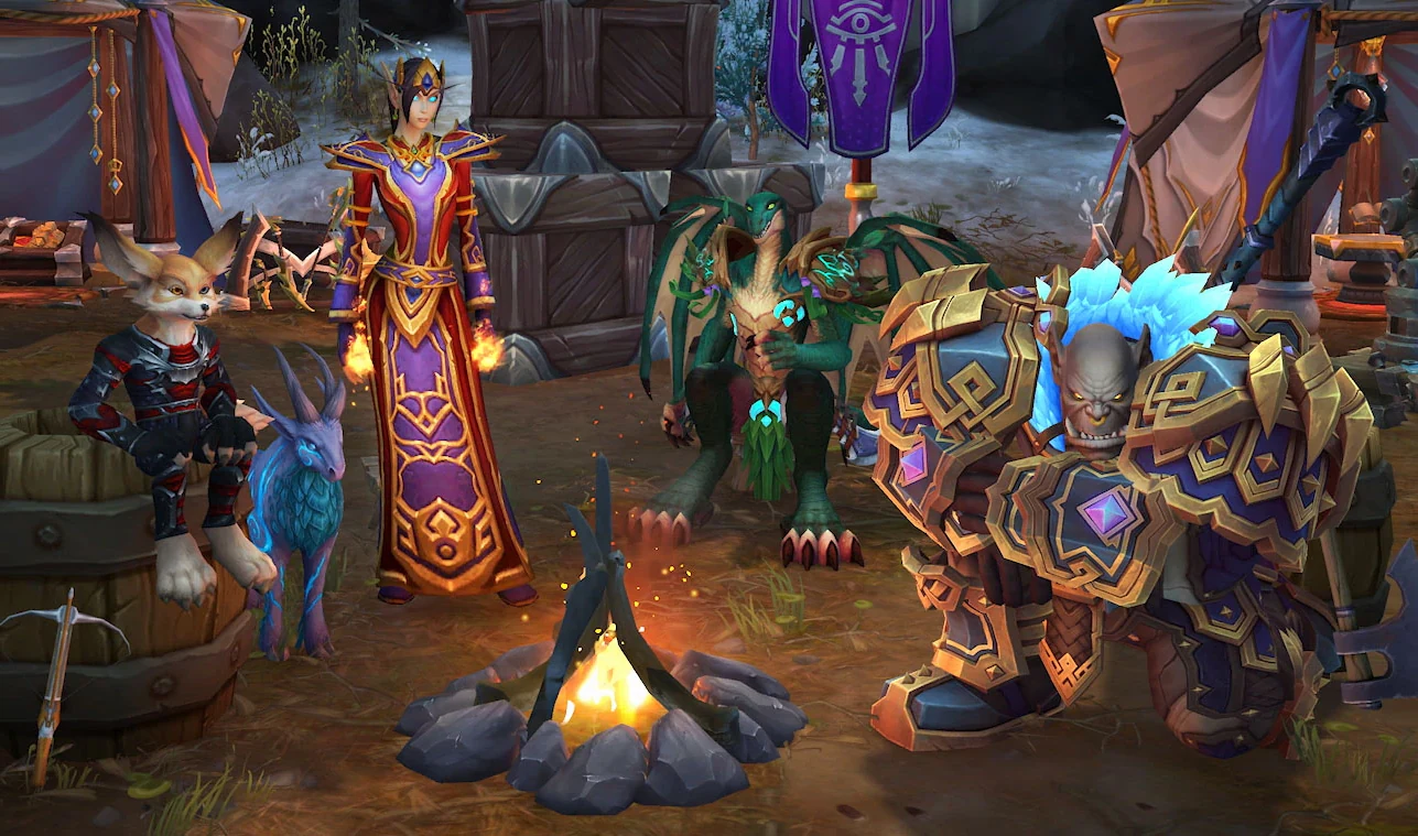 In-game World of Warcraft screenshot of a group of characters gathered around a campfire at an Alliance/Horde camp (mirrored)